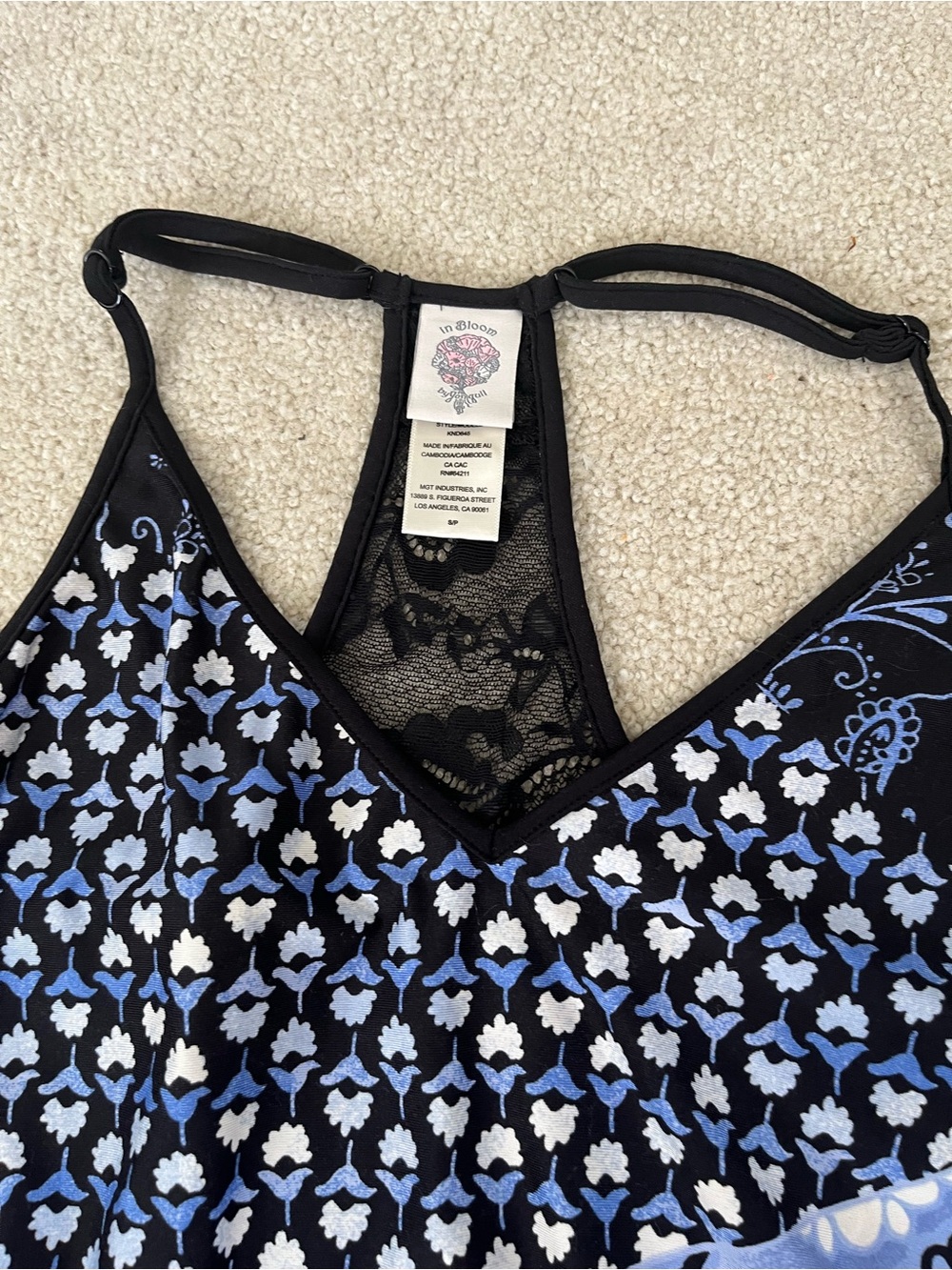 Blue & Black Floral Patchwork Tank and Flared Pants lounge Pajama Set - Picture 2 of 6